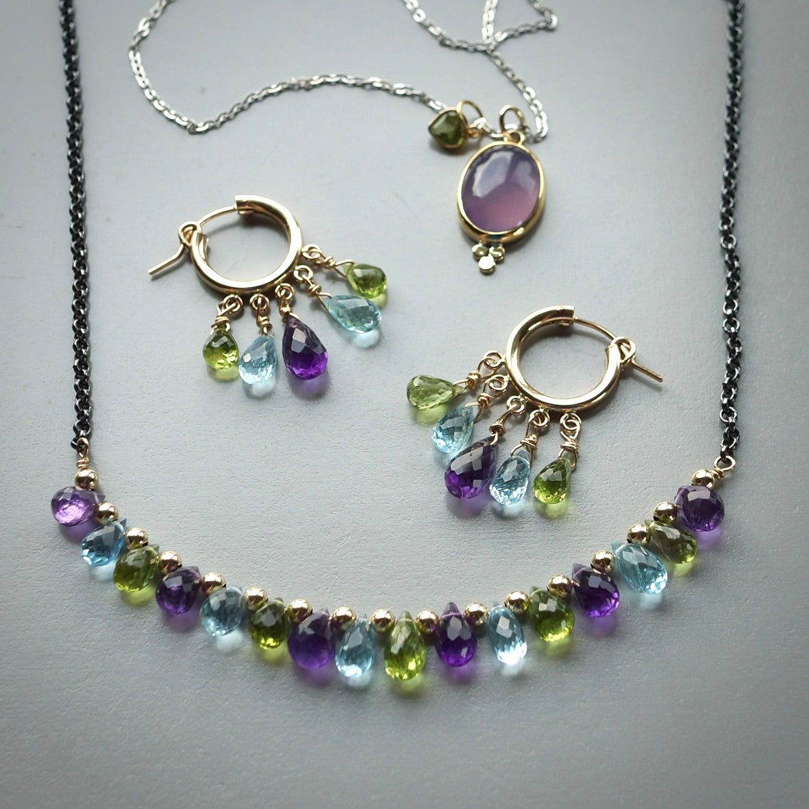 Amethyst, peridot and topaz hoop earrings