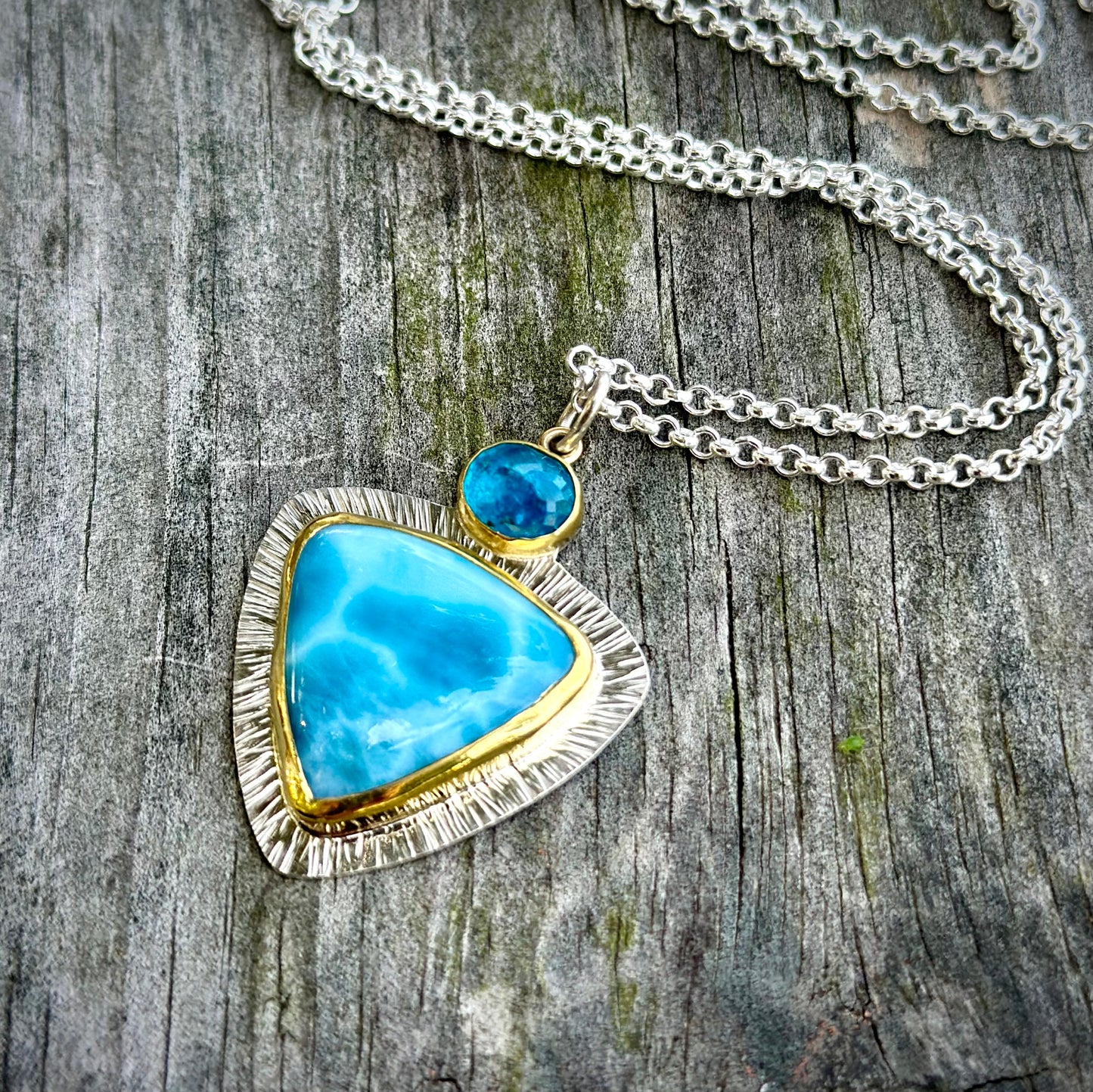 Larimar and neon blue apatite pendant