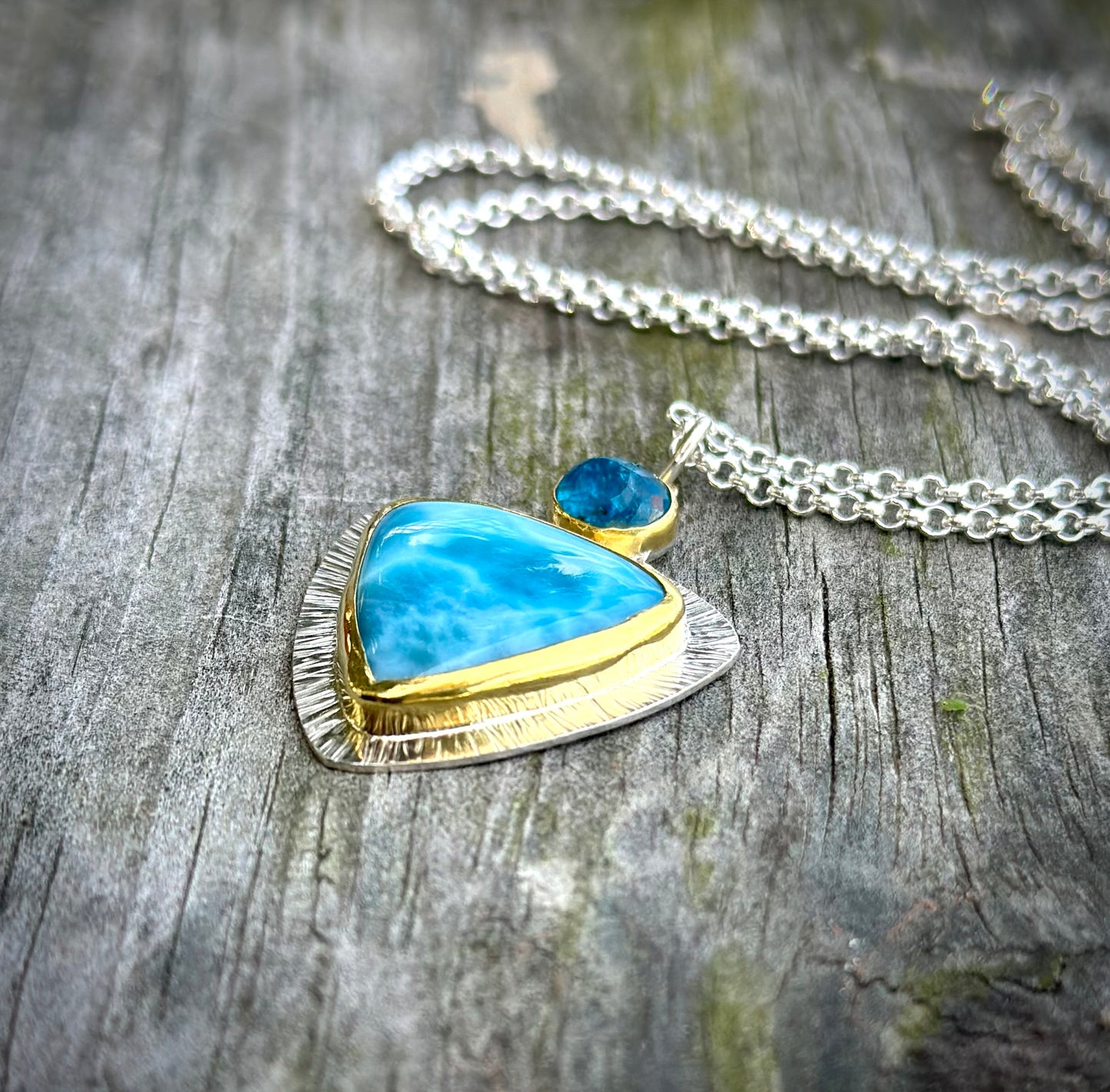 Larimar and neon blue apatite pendant