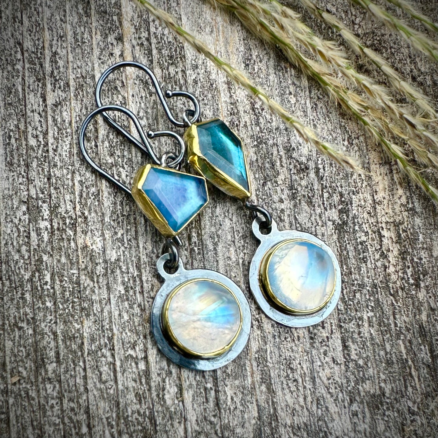 Rainbow moonstone and aquamarine earrings