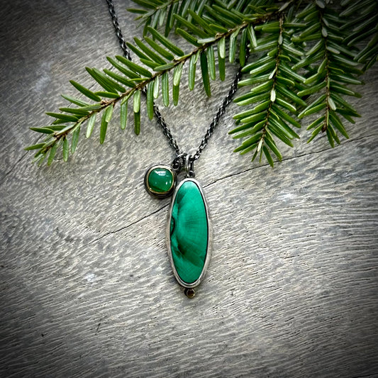 Chatoyant malachite and emerald charm necklace