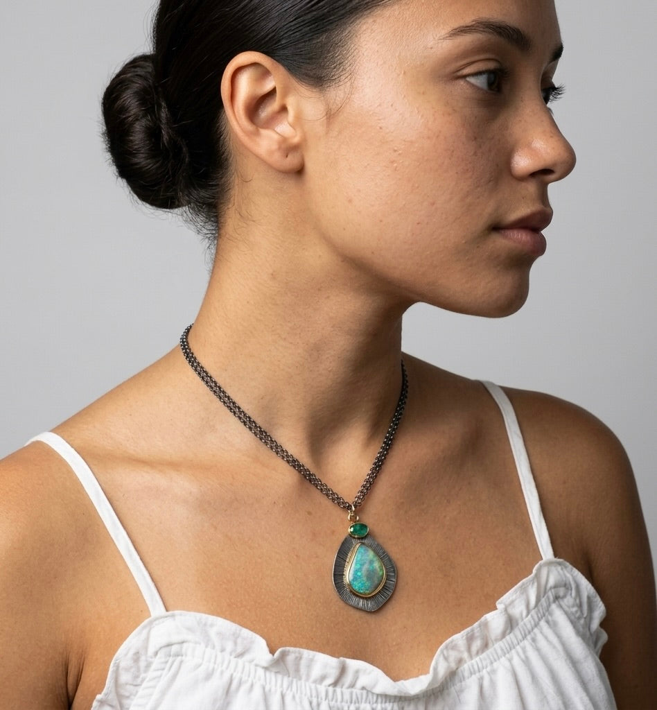 Lightning Ridge Crystal Opal and emerald pendant