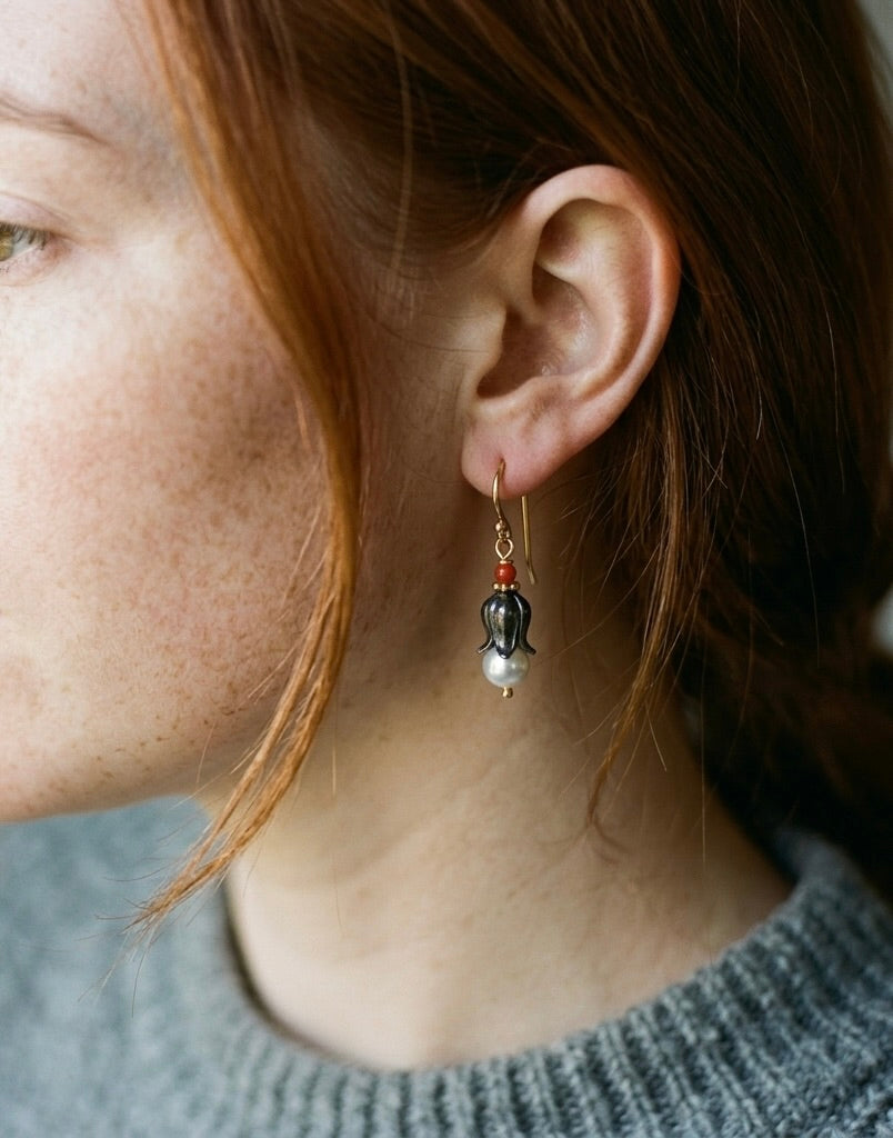 Akoya pearl earrings with tiny red coral