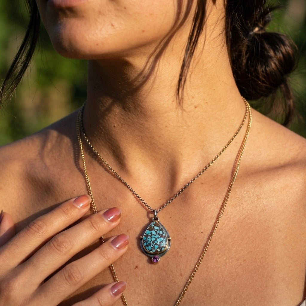 Golden Hills turquoise and pink sapphire pendant