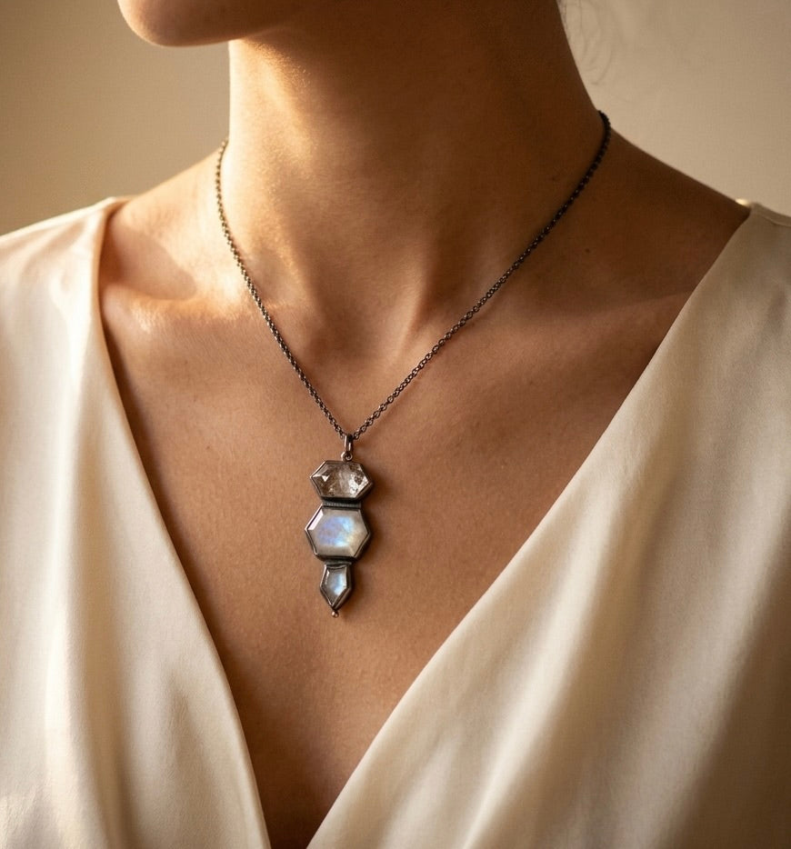 Herkimer diamond, silver sapphire and rainbow moonstone pendant