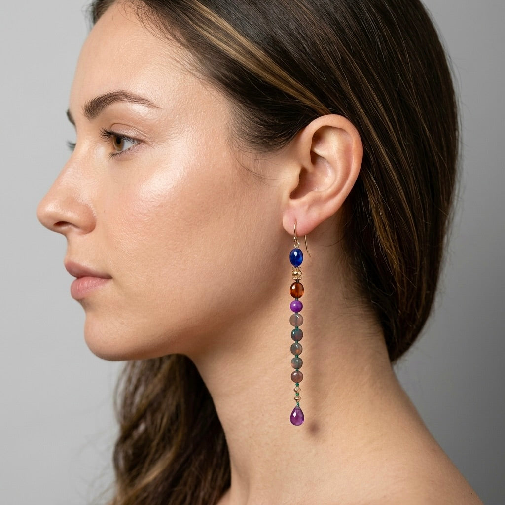 Ethiopian opal, sapphire, garnet, phosphosiderit and amethyst earrings