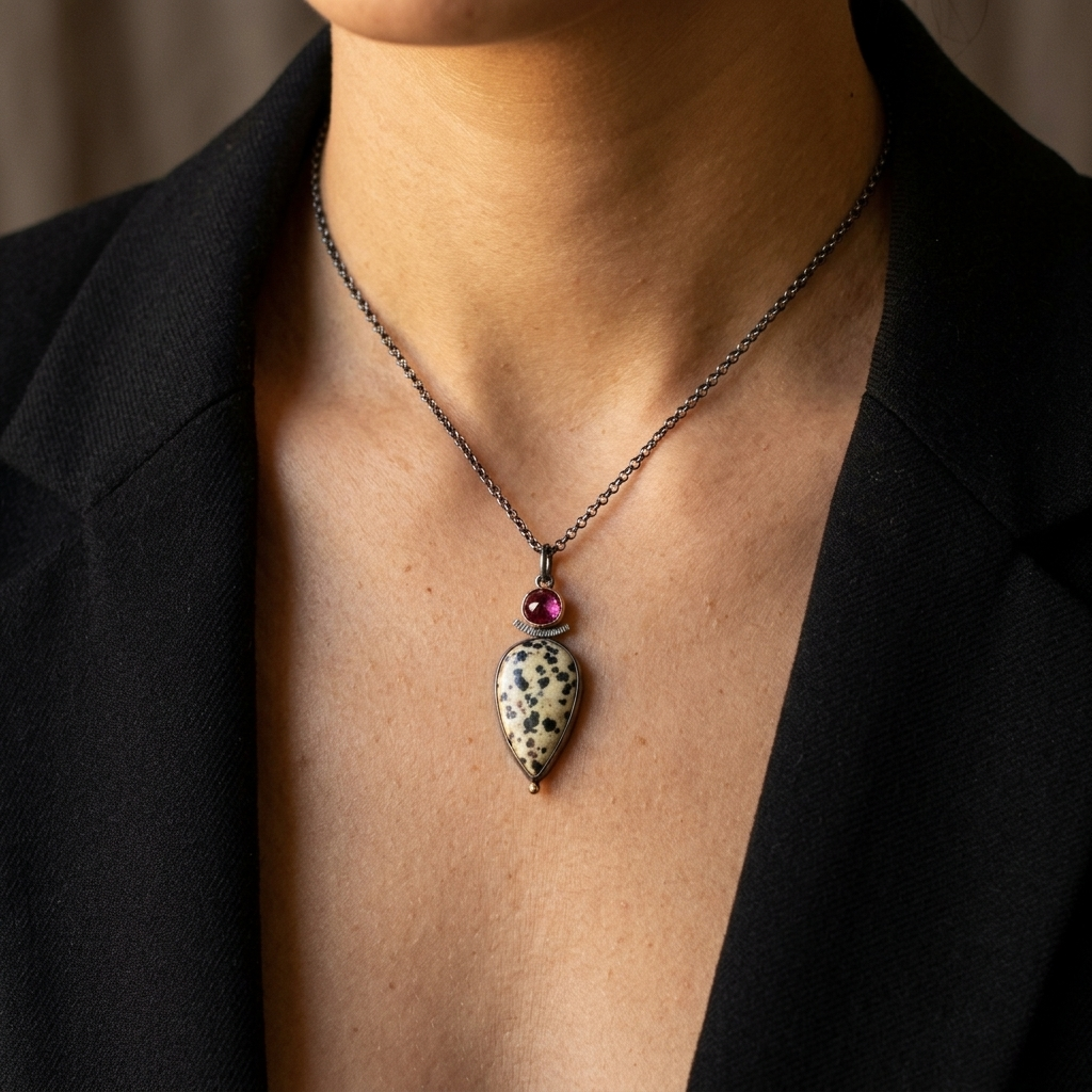 Dalmatian jasper and rhodolite garnet pendant