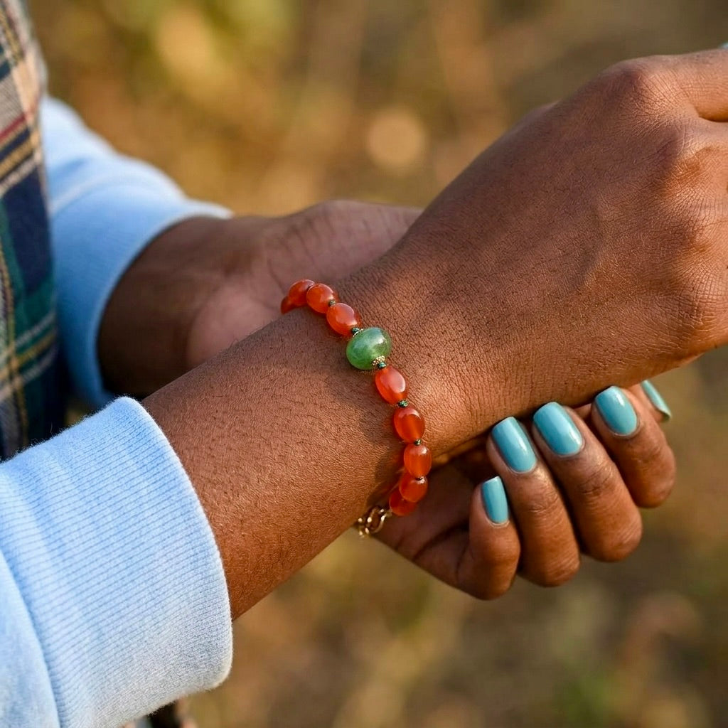 Carnelian and green strawberry quartz bracelet