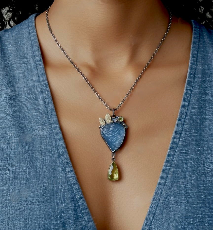 Carved aquamarine and green tourmaline pendant