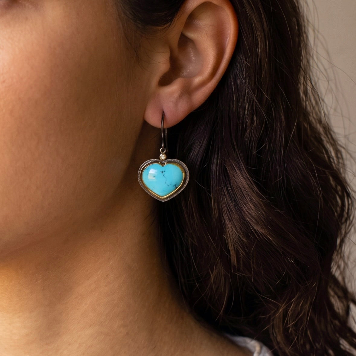 Golden Hills turquoise heart earrings with diamond accents
