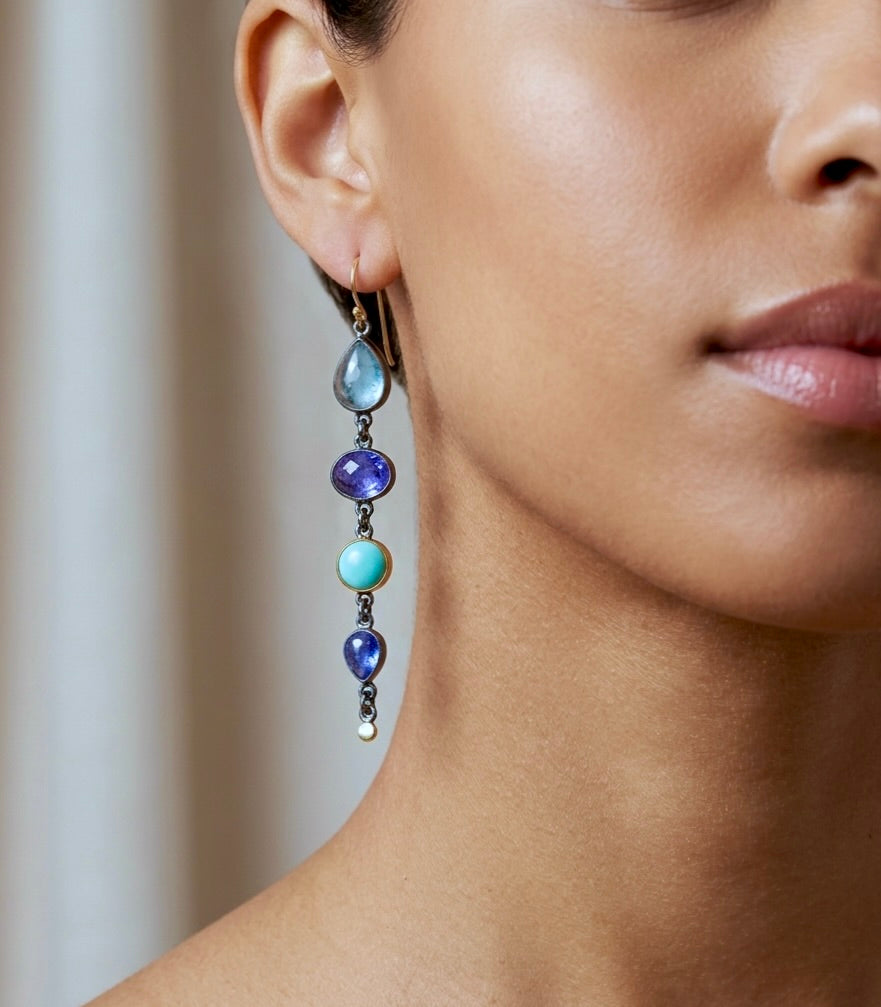 Tanzanite, turquoise and aquamarine earrings