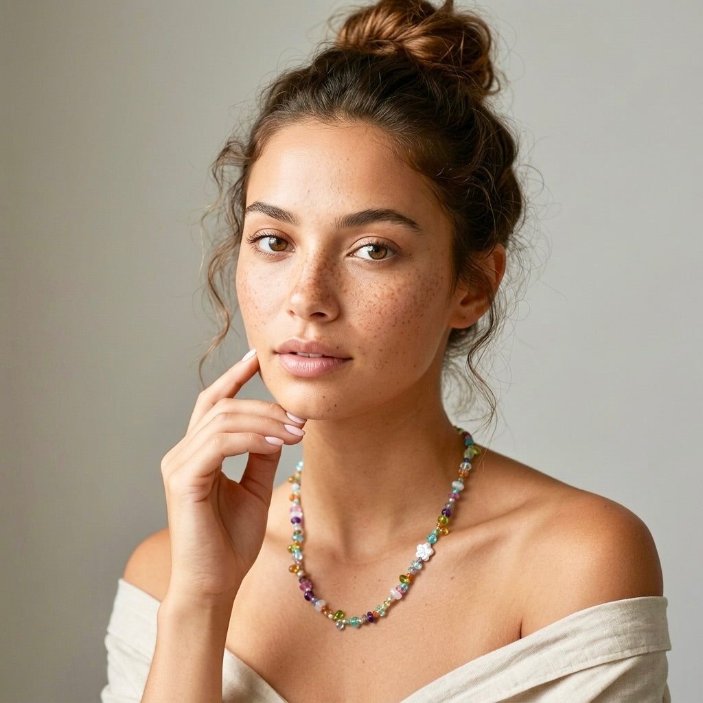 Vibrant gemstone mix silk-knotted necklace with a pearl flower