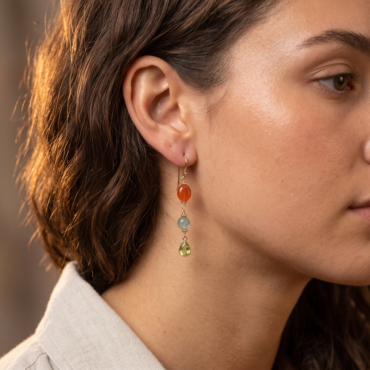 Carnelian, quartz and green tourmaline earrings