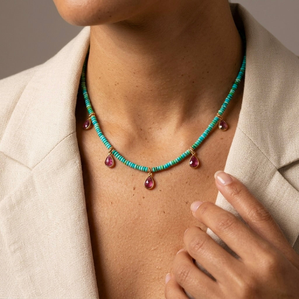 Natural turquoise and pink tourmaline charm necklace